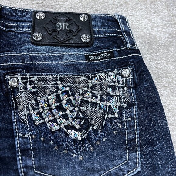Miss me Jeans size 30 Rhinestone Embellished Pocket Cuffed Capri Bling Low Rise - Picture 4 of 8